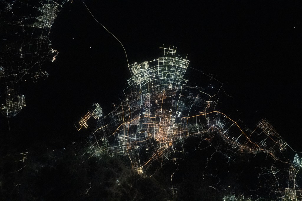 The night lights of Chinese villlages on Hangzhou Bay are pictured from the International Space Station as it orbited 260 miles above the East China Sea.