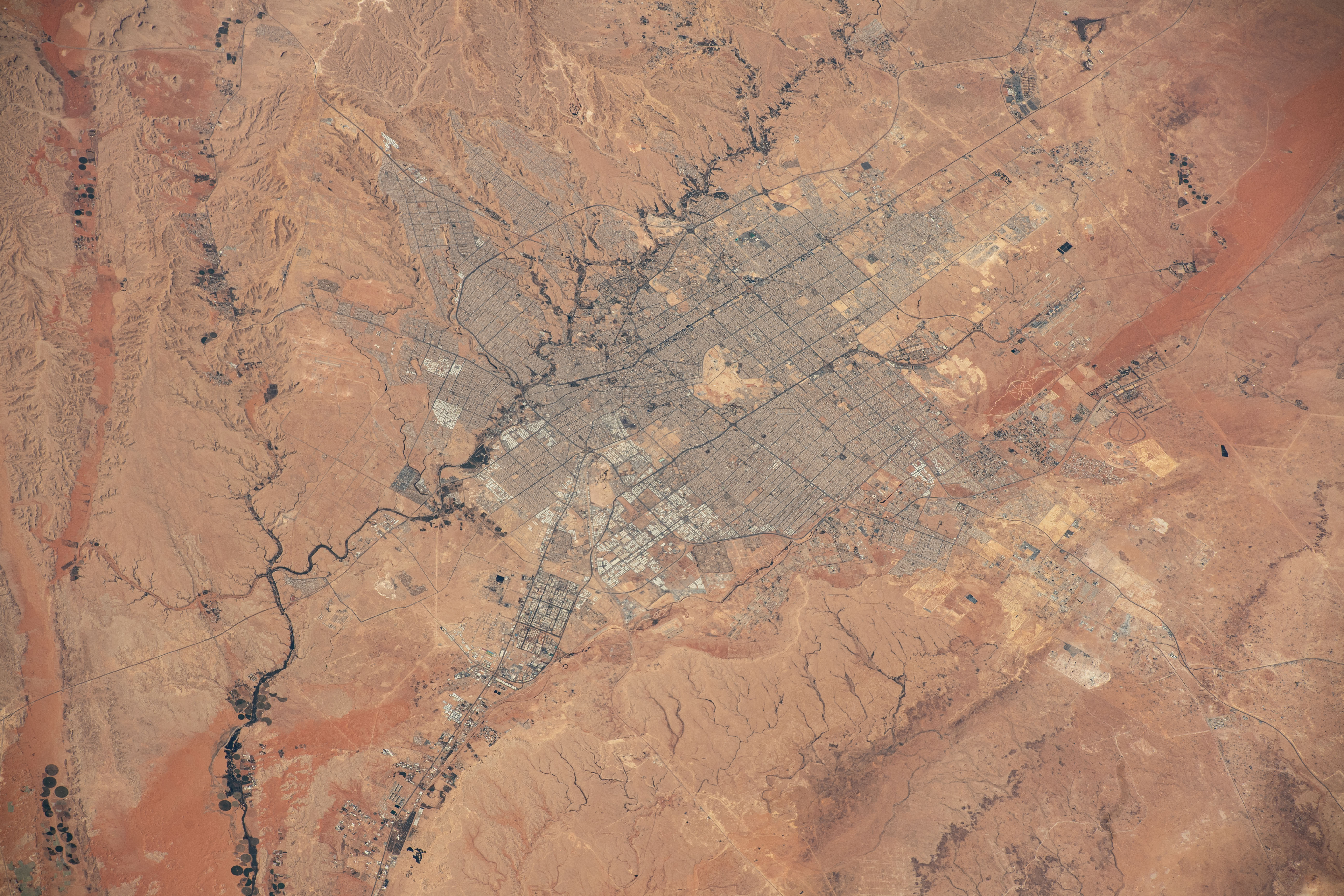 Riyadh, the capital and largest city in the desert nation of Saudi Arabia, is pictured fom the International Space Station as it orbited 260 miles above the Arabian Peninsula.