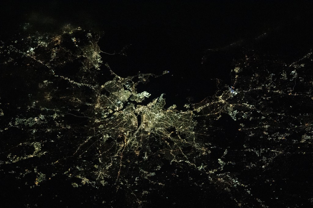 Boston, Massachussetts, is pictured at night from the International Space Station as it orbited 262 miles above the Canadian province of Nova Scotia.
