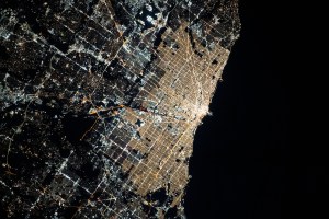 Chicago, Illinois, was pictured at night by Expedition 70 Flight Engineer Jasmin Moghbeli as the International Space Station orbited 261 miles above Lake Michigan.