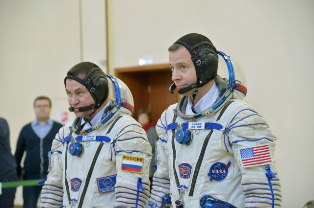 At the Gagarin Cosmonaut Training Center in Star City, Russia, Expedition 55 backup crewmembers Alexey Ovchinin of Roscosmos and Nick Hague of NASA report for qualification exams Feb. 20. They are serving as backups to the prime crew, Oleg Artemyev of Roscosmos and Ricky Arnold and Drew Feustel of NASA, who will launch March 21 on the Soyuz MS-08 spacecraft from the Baikonur Cosmodrome in Kazakhstan for a five month mission on the International Space Station.