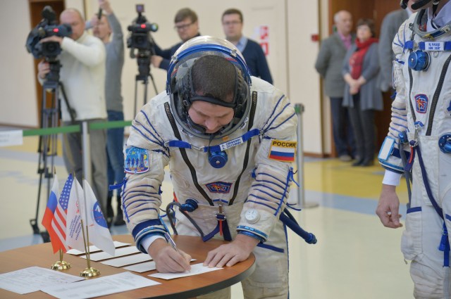 At the Gagarin Cosmonaut Training Center in Star City, Russia, Expedition 55 backup crew member Alexey Ovchinin of Roscosmos signs in for qualification exams Feb. 20. Ovchinin and Nick Hague of NASA are serving as backups to the prime crew, Oleg Artemyev of Roscosmos and Ricky Arnold and Drew Feustel of NASA, who will launch March 21 on the Soyuz MS-08 spacecraft from the Baikonur Cosmodrome in Kazakhstan for a five month mission on the International Space Station.