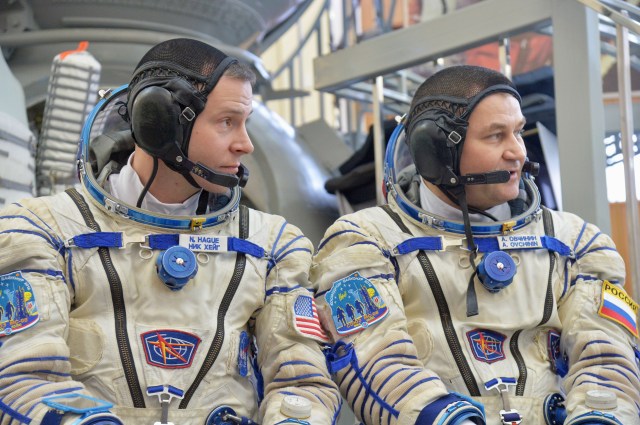 At the Gagarin Cosmonaut Training Center in Star City, Russia, Expedition 55 backup crew members Nick Hague of NASA (left) and Alexey Ovchinin of Roscosmos (right) answer reporters’ questions during a day of qualification exams Feb. 20. They are serving as backups to the prime crew, Oleg Artemyev of Roscosmos and Ricky Arnold and Drew Feustel of NASA, who will launch March 21 on the Soyuz MS-08 spacecraft from the Baikonur Cosmodrome in Kazakhstan for a five month mission on the International Space Station.