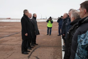Expedition 55 crewmembers Ricky Arnold of NASA, Oleg Artemyev of Roscosmos and Drew Feustel of NASA are greeted by Russian space officials in Baikonur, Kazakhstan after their arrival March 4 following a flight from their training base outside of Moscow. The trio will launch March 21 on the Soyuz MS-08 spacecraft for a five month mission on the International Space Station.