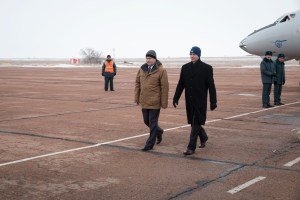 Expedition 55 backup crew members Alexey Ovchinin of Roscosmos (left) and Nick Hague of NASA (right) arrive at the airstrip in Baikonur, Kazakhstan March 4 following a flight from their training base outside of Moscow. They are serving as backups to Ricky Arnold and Drew Feustel of NASA and Oleg Artemyev of Roscosmos, who will launch March 21 on the Soyuz MS-08 spacecraft for a five month mission on the International Space Station.