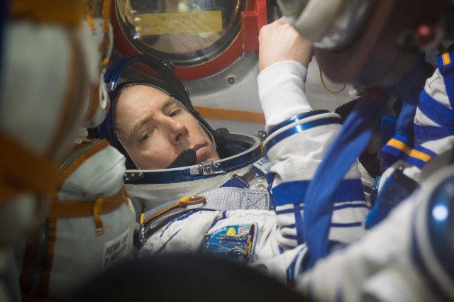 At the Baikonur Cosmodrome in Kazakhstan, Expedition 55 crew member Drew Feustel of NASA reviews procedures March 5 inside his Soyuz spacecraft as part of the crew’s first vehicle fit check activities. Feustel, Ricky Arnold of NASA and Oleg Artemyev of Roscosmos will launch March 21 in the Soyuz MS-08 spacecraft from Baikonur for a five-month mission on the International Space Station.