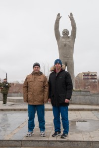 In the city of Baikonur, Kazakhstan, Expedition 55 backup crew members Alexey Ovchinin of Roscosmos (left) and Nick Hague of NASA (right) pose for pictures March 6 in front of a statue of Yuri Gagarin, the first human to fly in space, during traditional pre-launch ceremonies. Prime crewmembers Drew Feustel and Ricky Arnold of NASA and Oleg Artemyev of Roscosmos will launch March 21 on the Soyuz MS-08 spacecraft from the Baikonur Cosmodrome for a five-month mission on the International Space Station.