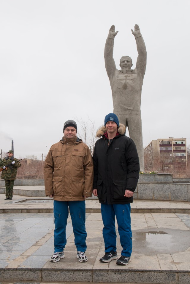 In the city of Baikonur, Kazakhstan, Expedition 55 backup crew members Alexey Ovchinin of Roscosmos (left) and Nick Hague of NASA (right) pose for pictures March 6 in front of a statue of Yuri Gagarin, the first human to fly in space, during traditional pre-launch ceremonies. Prime crewmembers Drew Feustel and Ricky Arnold of NASA and Oleg Artemyev of Roscosmos will launch March 21 on the Soyuz MS-08 spacecraft from the Baikonur Cosmodrome for a five-month mission on the International Space Station.