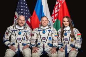 Backup Soyuz MS-25 crew members (from left) Don Petti from NASA, Ivan Vagner from Roscosmos, and Anastasia Lenkova from Belarusia pose for a portrait at the Gagarin Cosmonaut Training Center in Russia.