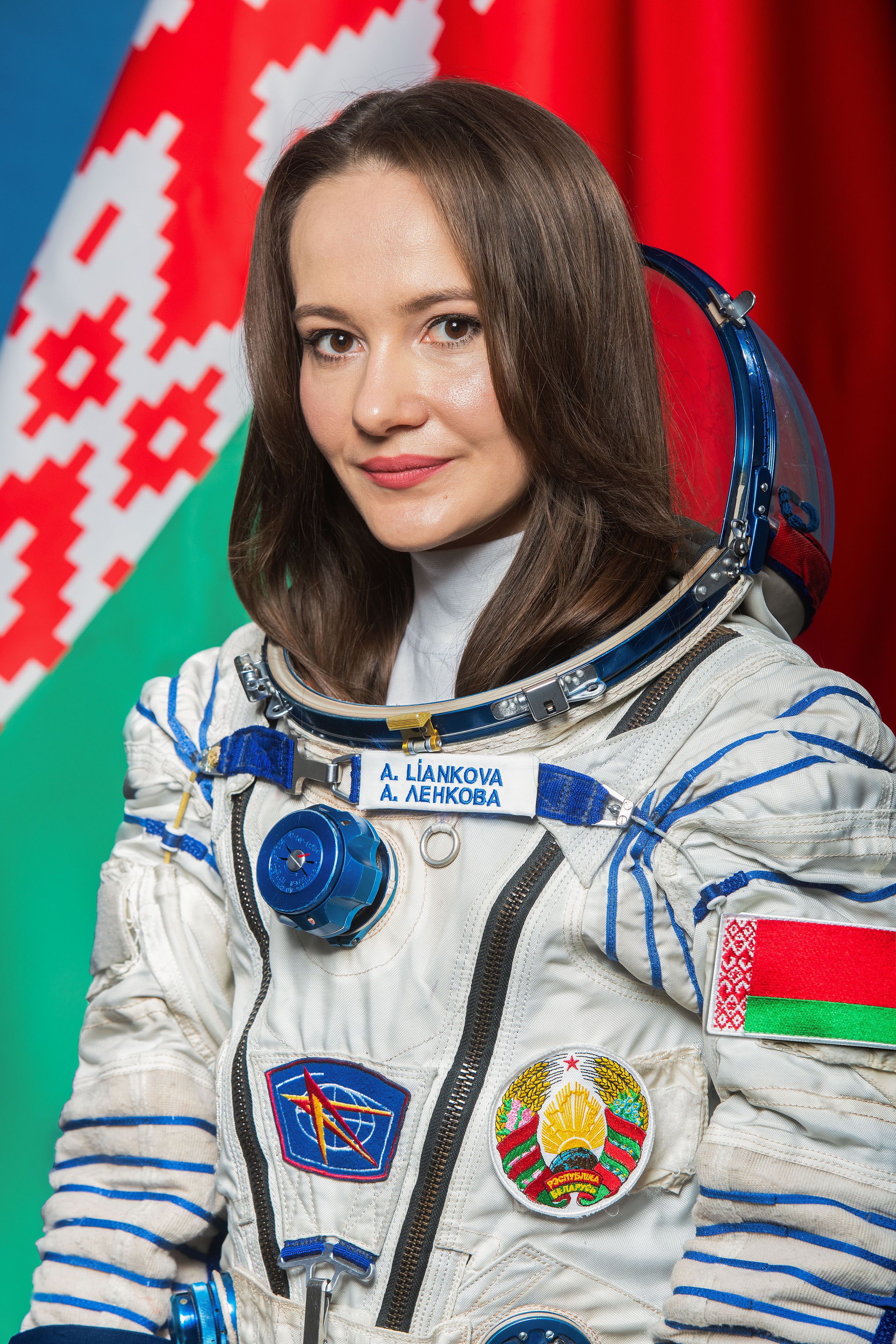 Belarusian cosmonaut and backup Soyuz MS-25 Flight Engineer Anastasia Lenkova poses for a crew portrait at the Gagarin Cosmonaut Training Center.