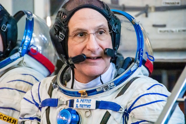 Soyuz MS-25 backup crew member Don Pettit from NASA is pictured in his Sokol launch and entry suit during crew qualification exams at the Gagarin Cosmonaut Training Center in Star City, Russia.