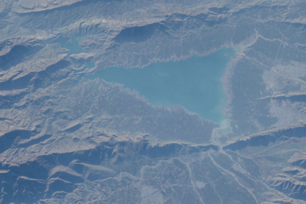 Lake Dukan in northern Iran near the border with Iraq is pictured as the International Space Station orbited 252 miles of above the Middle Eastern nations.