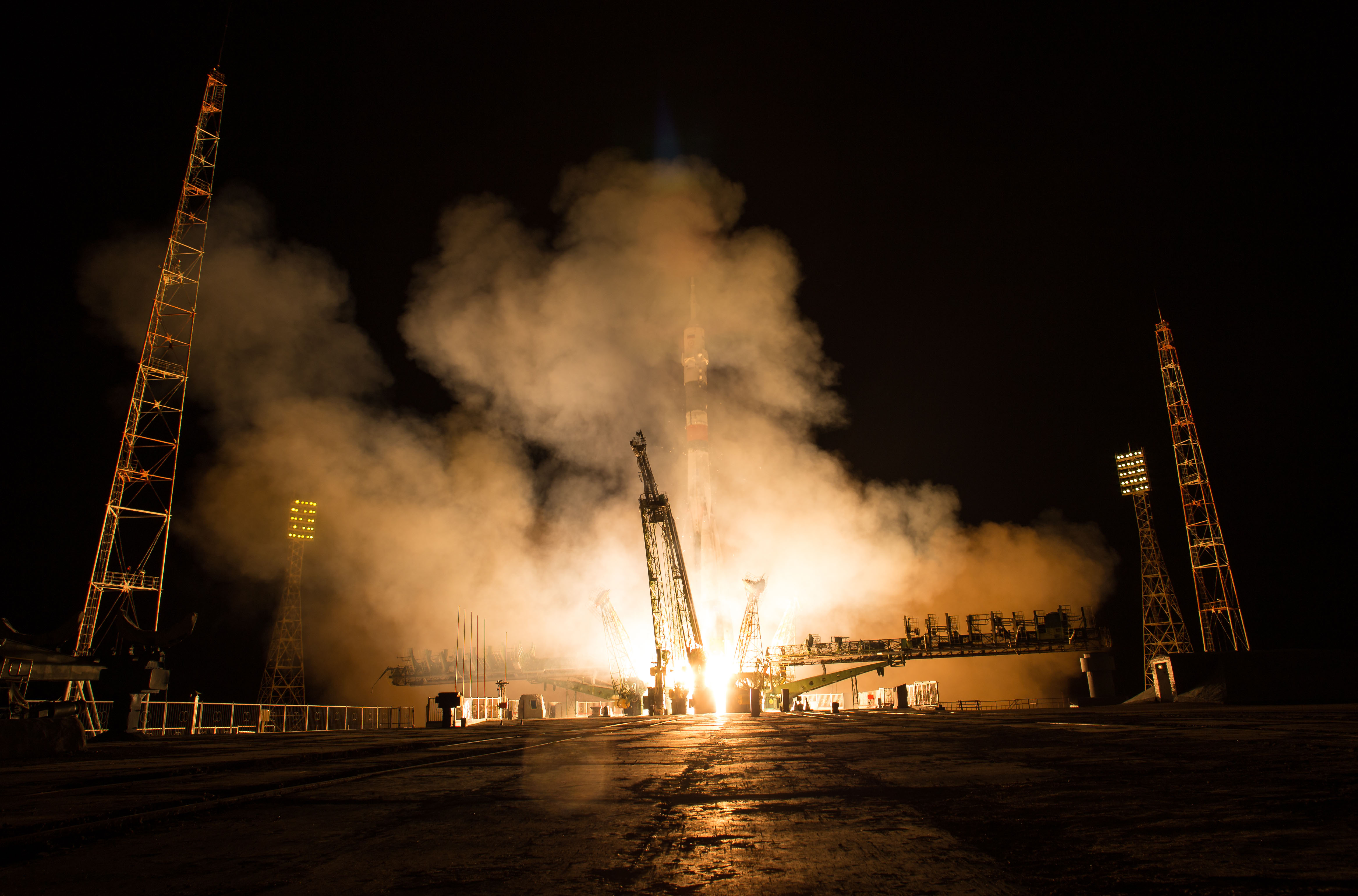 The Soyuz MS-08 rocket is launched with Expedition 55 Soyuz Commander Oleg Artemyev of Roscosmos and flight engineers Ricky Arnold and Drew Feustel of NASA, Wednesday, March 21, 2018 at the Baikonur Cosmodrome in Kazakhstan. Artemyev, Arnold, and Feustel will spend the next five months living and working aboard the International Space Station.