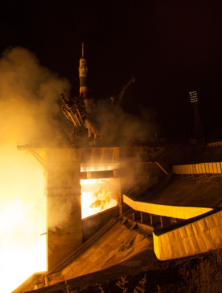 The Soyuz MS-08 rocket is launched with Expedition 55 Soyuz Commander Oleg Artemyev of Roscosmos and flight engineers Ricky Arnold and Drew Feustel of NASA, Wednesday, March 21, 2018 at the Baikonur Cosmodrome in Kazakhstan. Artemyev, Arnold, and Feustel will spend the next five months living and working aboard the International Space Station.