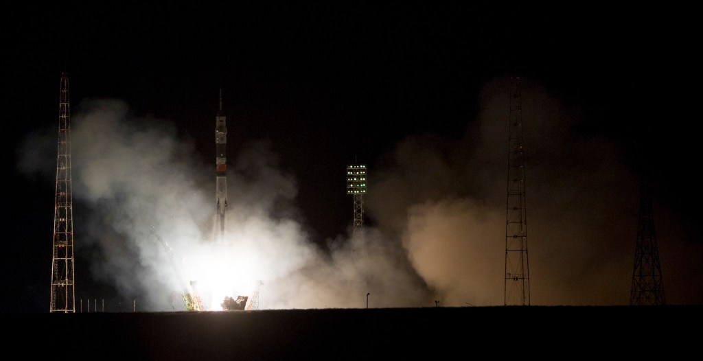 The Soyuz MS-08 rocket is launched with Expedition 55 Soyuz Commander Oleg Artemyev of Roscosmos and flight engineers Ricky Arnold and Drew Feustel of NASA, Wednesday, March 21, 2018 at the Baikonur Cosmodrome in Kazakhstan. Artemyev, Arnold, and Feustel will spend the next five months living and working aboard the International Space Station.