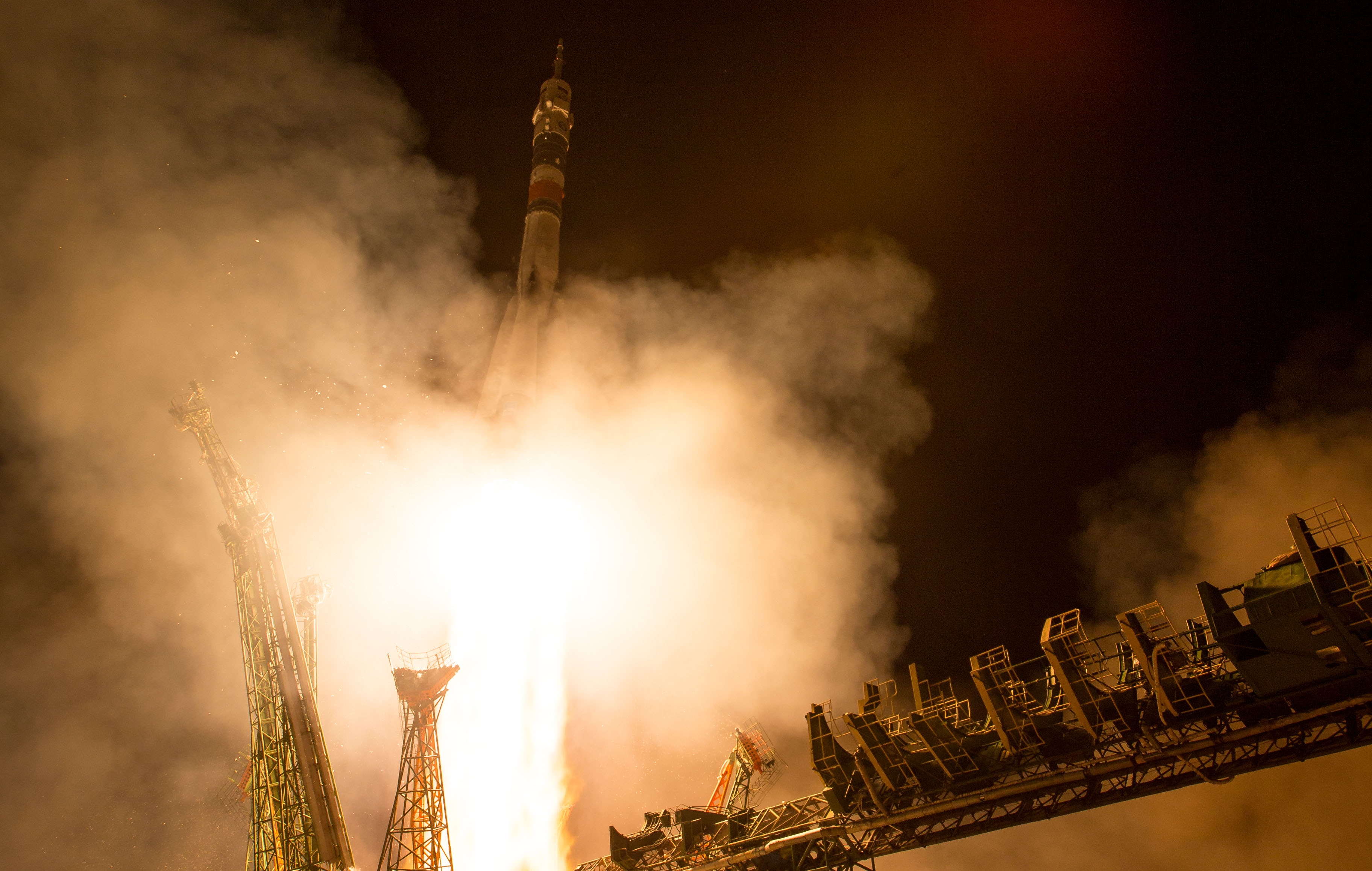 The Soyuz MS-08 rocket is launched with Expedition 55 Soyuz Commander Oleg Artemyev of Roscosmos and flight engineers Ricky Arnold and Drew Feustel of NASA, Wednesday, March 21, 2018 at the Baikonur Cosmodrome in Kazakhstan. Artemyev, Arnold, and Feustel will spend the next five months living and working aboard the International Space Station.