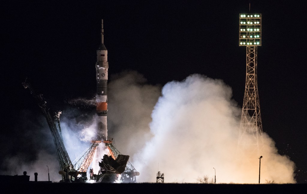 The Soyuz MS-08 rocket is launched with Expedition 55 Soyuz Commander Oleg Artemyev of Roscosmos and flight engineers Ricky Arnold and Drew Feustel of NASA, Wednesday, March 21, 2018 at the Baikonur Cosmodrome in Kazakhstan. Artemyev, Arnold, and Feustel will spend the next five months living and working aboard the International Space Station.