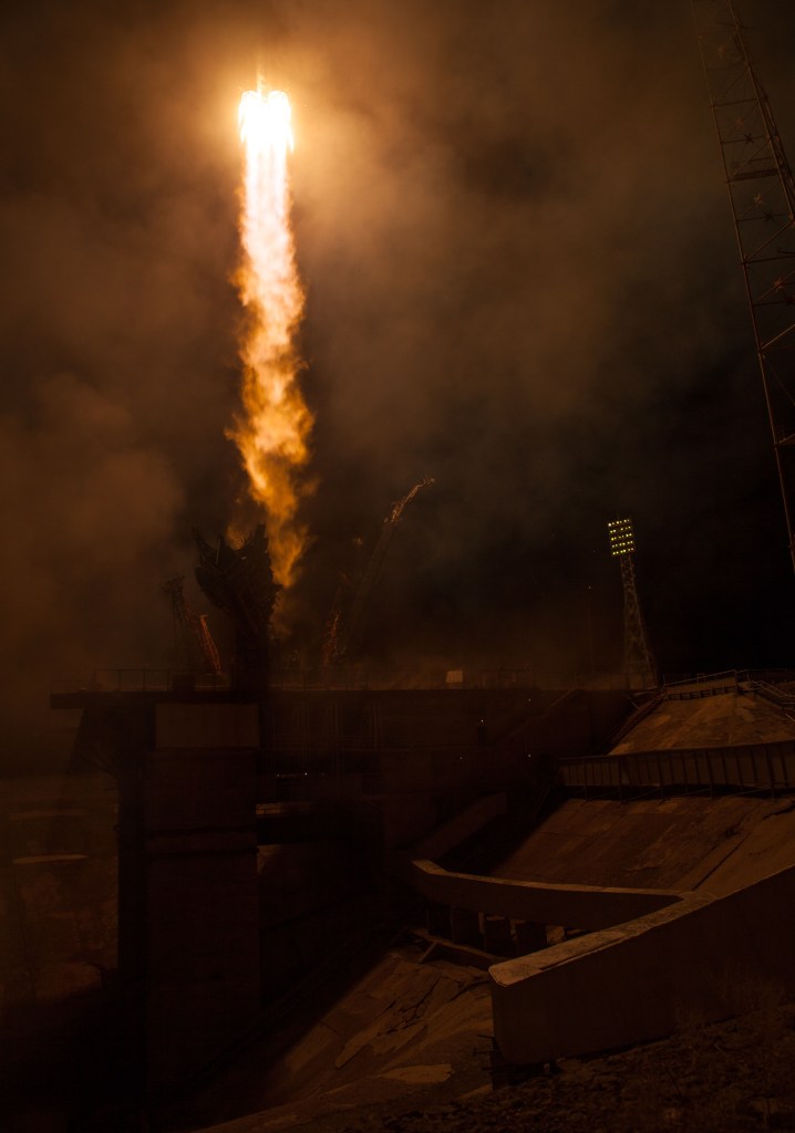 The Soyuz MS-08 rocket is launched with Expedition 55 Soyuz Commander Oleg Artemyev of Roscosmos and flight engineers Ricky Arnold and Drew Feustel of NASA, Wednesday, March 21, 2018 at the Baikonur Cosmodrome in Kazakhstan. Artemyev, Arnold, and Feustel will spend the next five months living and working aboard the International Space Station.