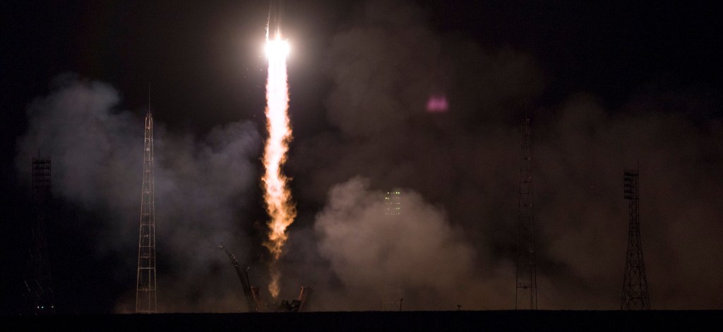 The Soyuz MS-08 rocket is launched with Expedition 55 Soyuz Commander Oleg Artemyev of Roscosmos and flight engineers Ricky Arnold and Drew Feustel of NASA, Wednesday, March 21, 2018 at the Baikonur Cosmodrome in Kazakhstan. Artemyev, Arnold, and Feustel will spend the next five months living and working aboard the International Space Station.