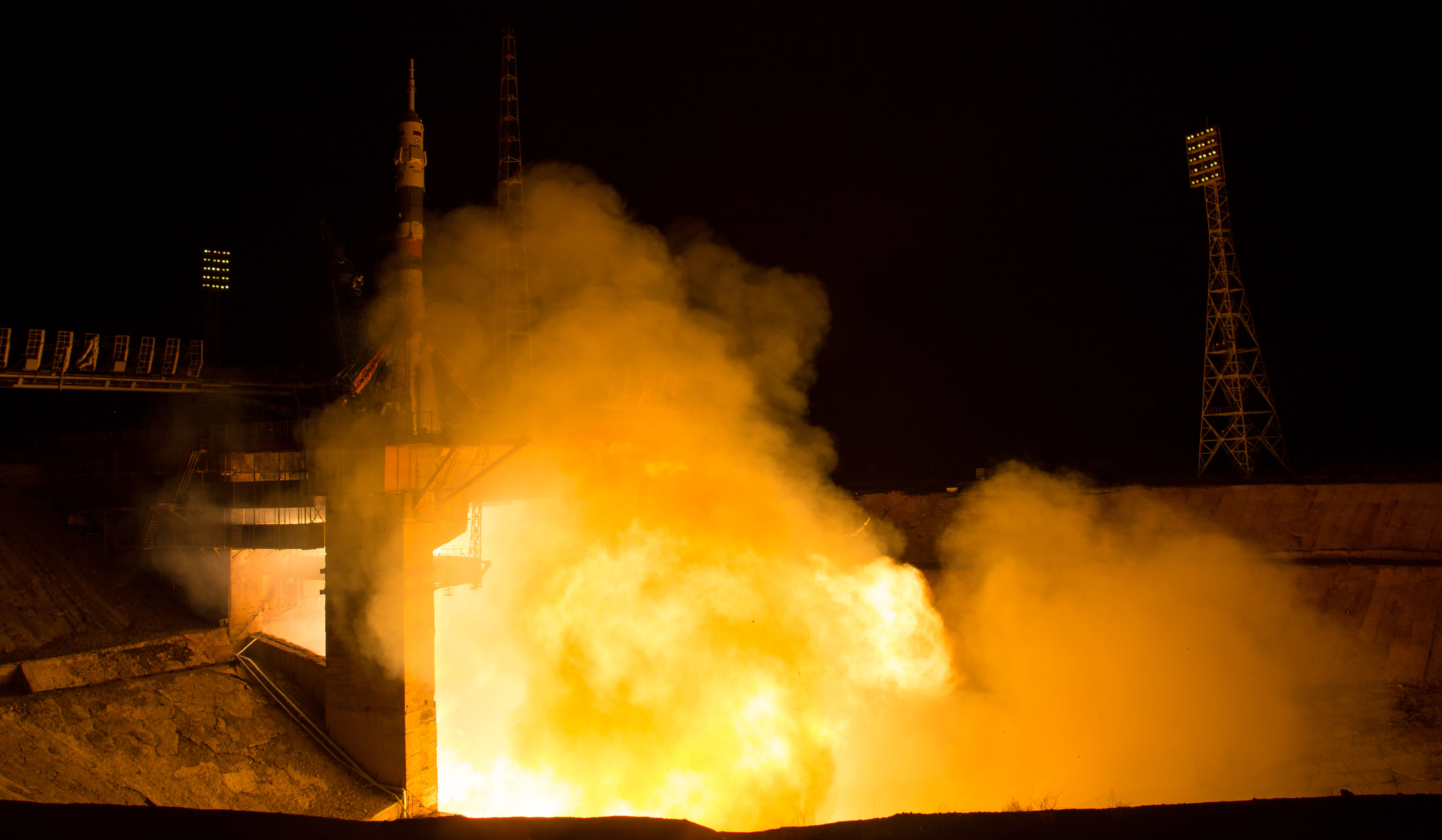 The Soyuz MS-08 rocket is launched with Expedition 55 Soyuz Commander Oleg Artemyev of Roscosmos and flight engineers Ricky Arnold and Drew Feustel of NASA, Wednesday, March 21, 2018 at the Baikonur Cosmodrome in Kazakhstan. Artemyev, Arnold, and Feustel will spend the next five months living and working aboard the International Space Station.