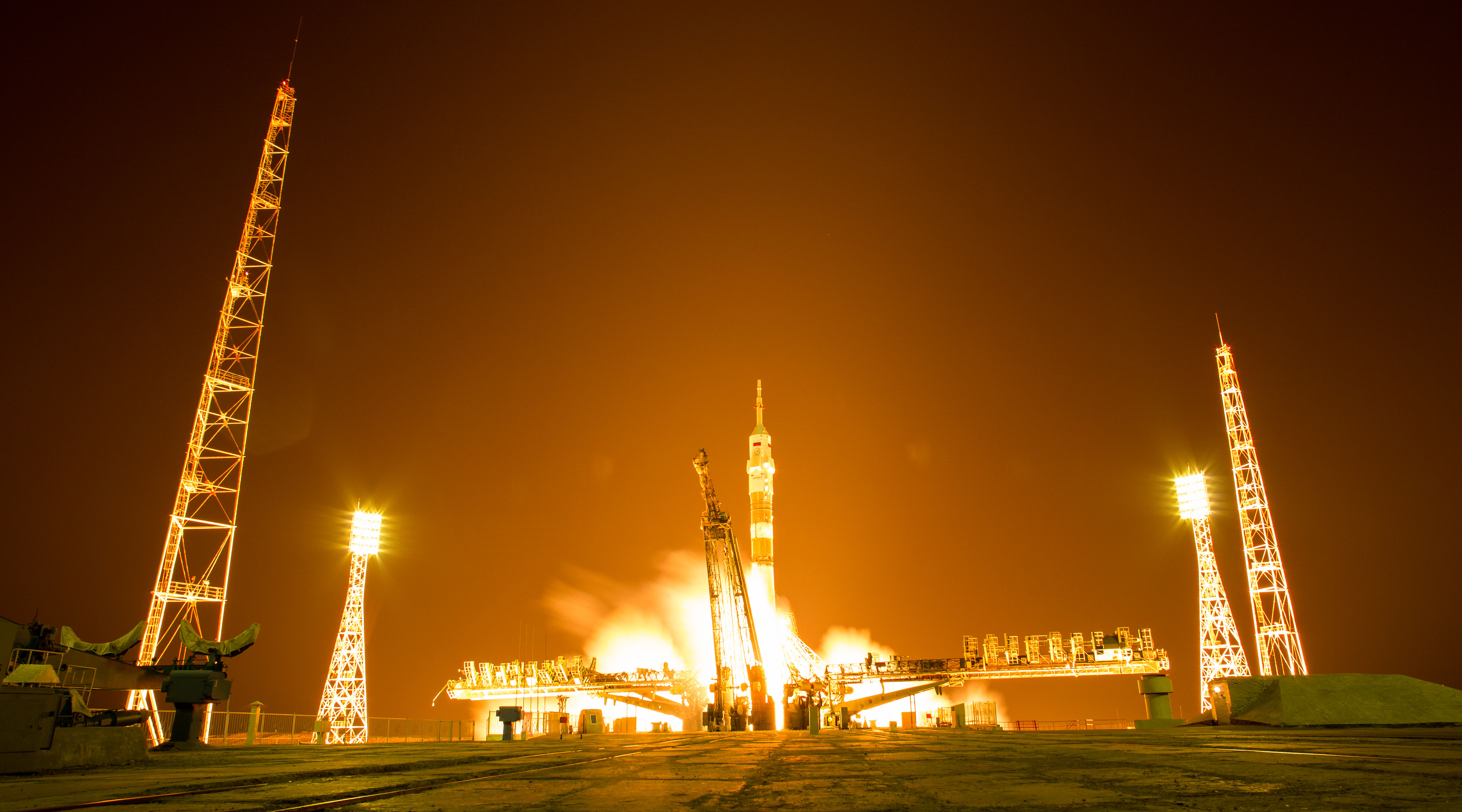 The Soyuz MS-08 rocket is launched with Expedition 55 Soyuz Commander Oleg Artemyev of Roscosmos and flight engineers Ricky Arnold and Drew Feustel of NASA, Wednesday, March 21, 2018 at the Baikonur Cosmodrome in Kazakhstan. Artemyev, Arnold, and Feustel will spend the next five months living and working aboard the International Space Station.