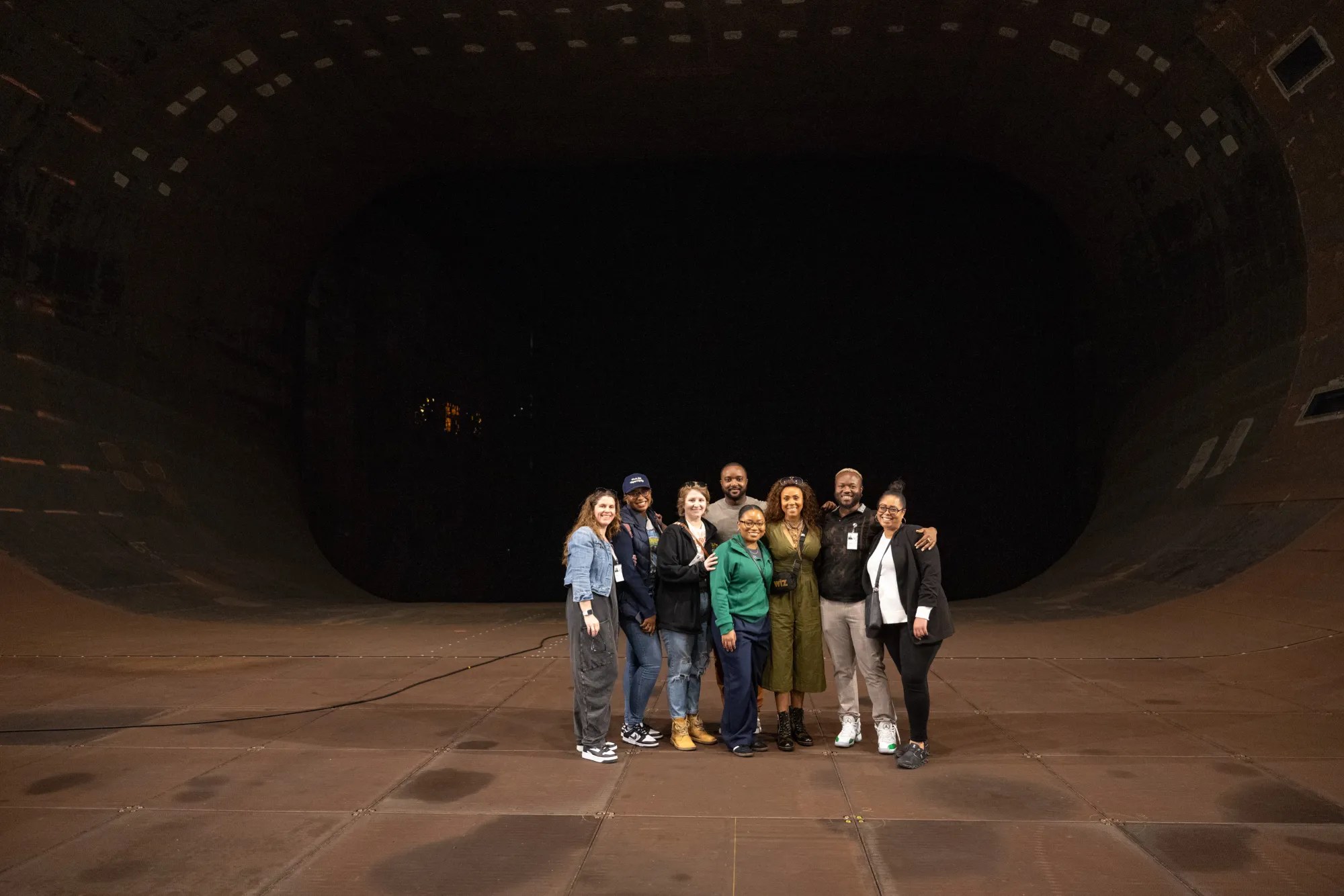 Members of the cast and crew of “The Wiz” pose inside the National Full-Scale Aerodynamic Complex 40 by 80 foot wind tunnel at NASA’s Ames Research Center in Silicon Valley.