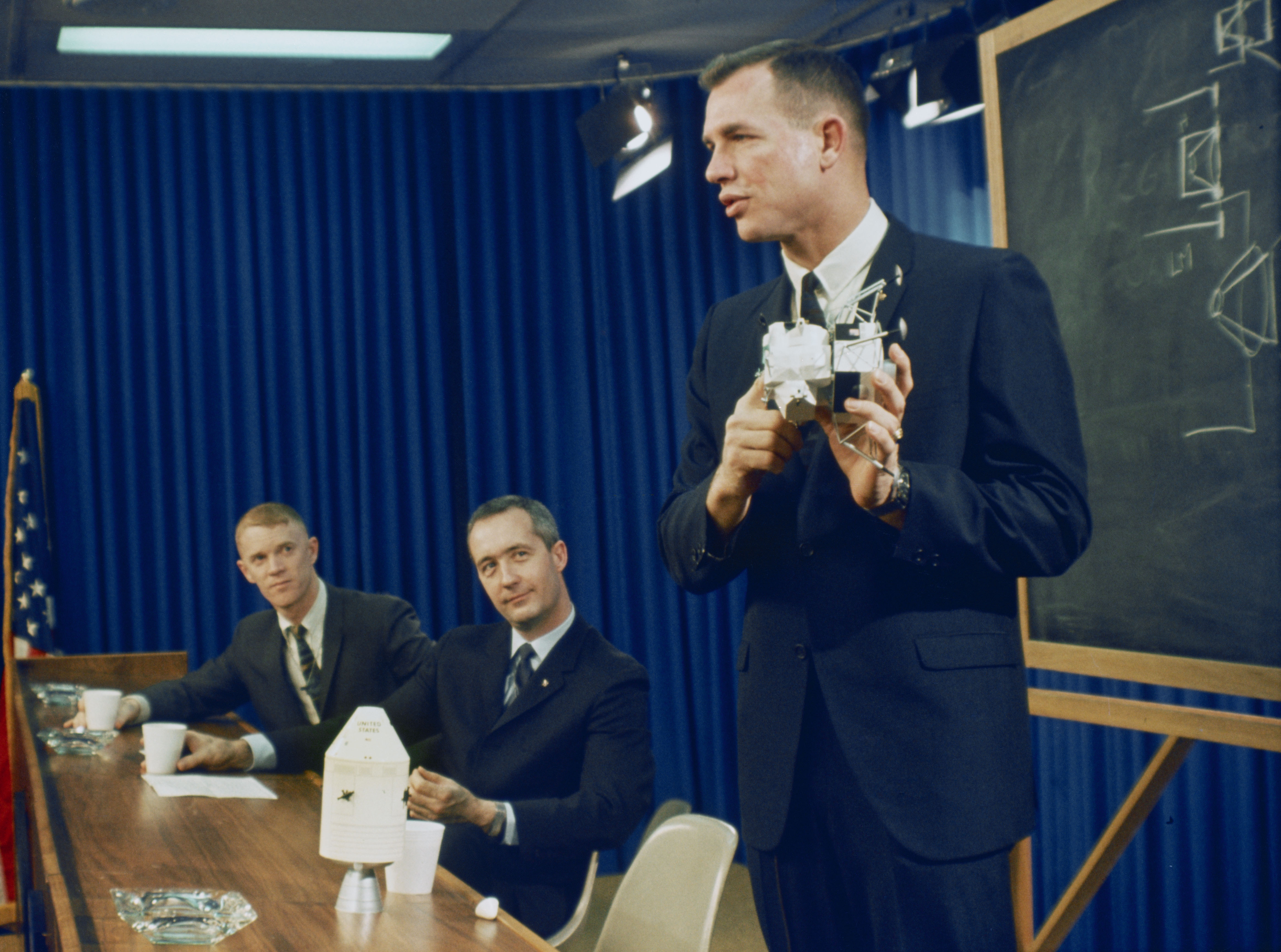 Apollo 9 astronauts Russell L. Schweickart, left, James A. McDivitt, and David R. Scott during the preflight crew press conference at the Manned Spacecraft Center (MSC), now NASA's Johnson Space Center in Houston
