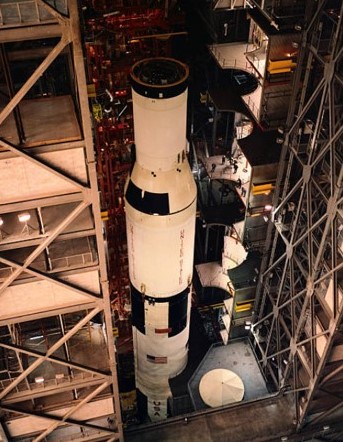 The three stages of the Saturn V stacked on Mobile Launcher-3