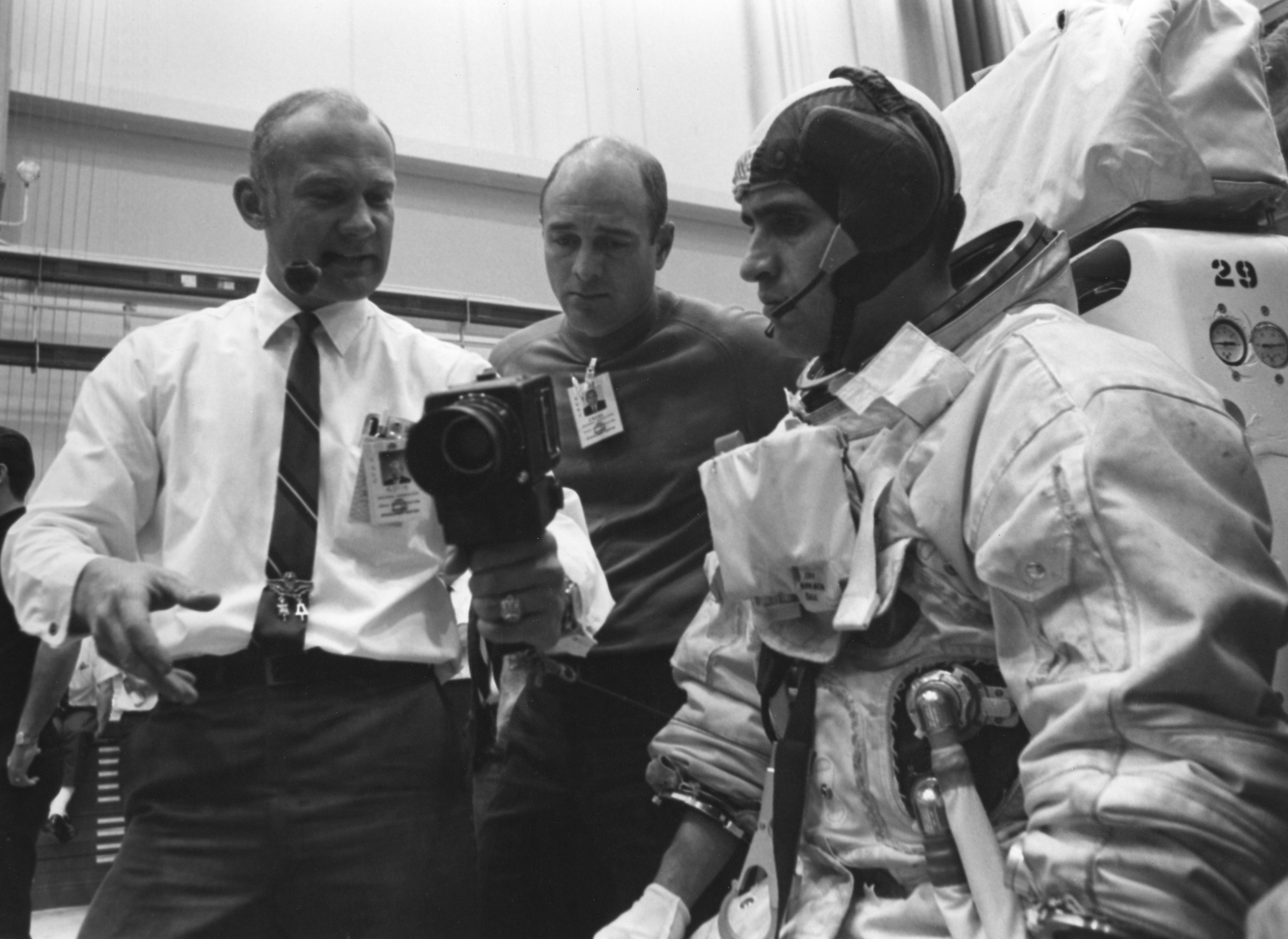 Apollo 11 astronaut Edwin E. “Buzz” Aldrin, left, confers with support astronauts Ronald E. Evans and Harrison H. “Jack” Schmitt, the only geologist in the astronaut corps at the time, during training for deployment of the Early Apollo Science Experiment Package (EASEP)