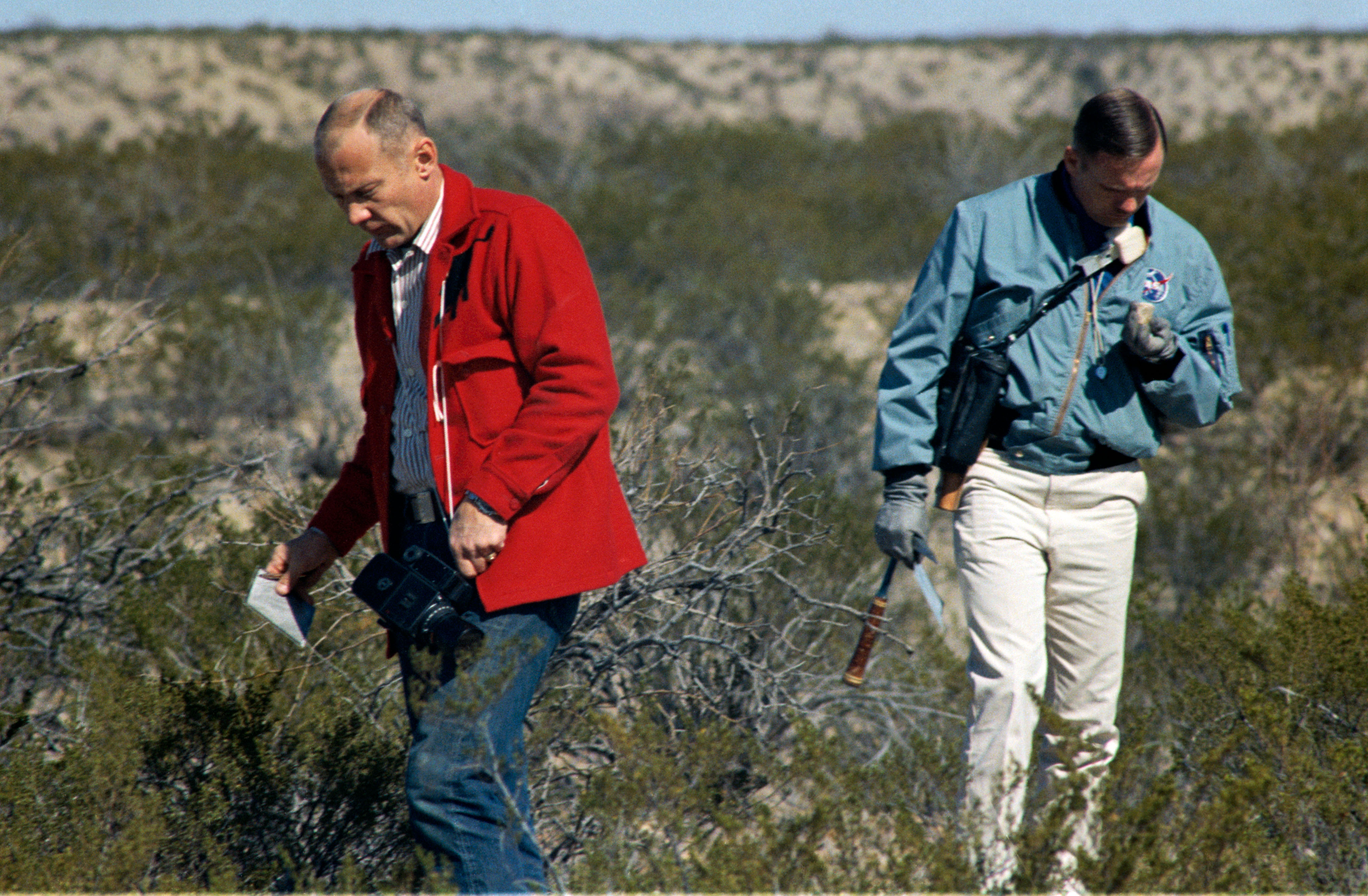 Apollo 11 astronauts Edwin E. “Buzz” Aldrin, left, and Neil A. Armstrong during geology training at Sierra Blanco, Texas