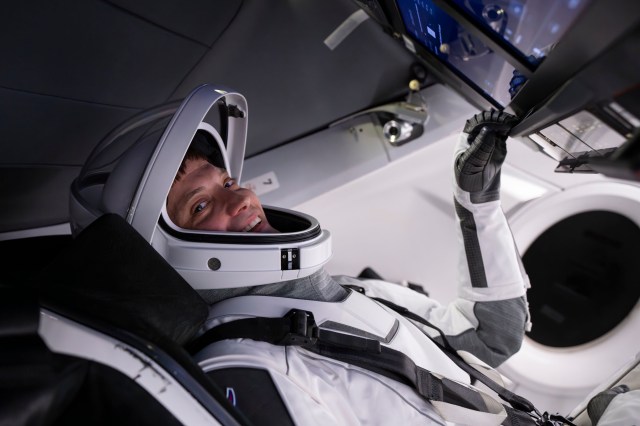 NASA astronaut and SpaceX Crew-8 Commander Matthew Dominick is pictured training inside a Dragon mockup crew vehicle at the company's headquarters in Hawthorne, California.