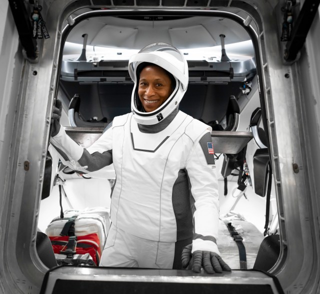 NASA astronaut and SpaceX Crew-8 mission specialist Jeanette Epps is pictured in her pressure suit during a crew equipment integration test at SpaceX headquarters in Hawthorne, California.