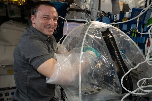 iss062e098371 (March 17, 2020) --- NASA astronaut and Expedition 62 Flight Engineer Andrew Morgan conducts cardiac research activities inside the portable glovebag. Morgan was servicing heart cell samples for the Multi-use Variable-g Platform-02 Cell-03 experiment. The investigation induces stem cells to generate heart precursor cells and cultures those cells on the space station to analyze and compare with cultures grown on Earth. Results may help treat spaceflight-induced cardiac abnormalities and accelerate development and reduce costs of drug therapies on Earth.