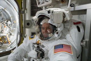 NASA astronaut Drew Feustel is pictured inside a U.S. spacesuit for a fit check verification ahead of a pair of spacewalks.