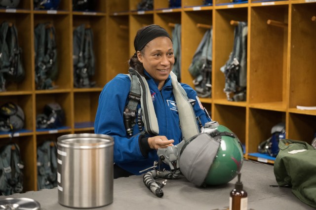 NASA astronaut and SpaceX Crew-8 Mission Specialist Jeanette Epps prepares for a T-38 trainer jet flight at Ellington Field in Houston, Texas.