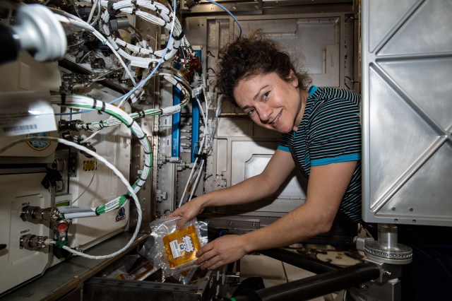 iss062e087805 (March 11, 2020) --- NASA astronaut and Expedition 62 Flight Engineer Jessica Meir collects Protein Crystal Growth-10 experiment hardware for stowage inside JAXA's (Japan Aerospace Exploration Agency) Kibo laboratory module.