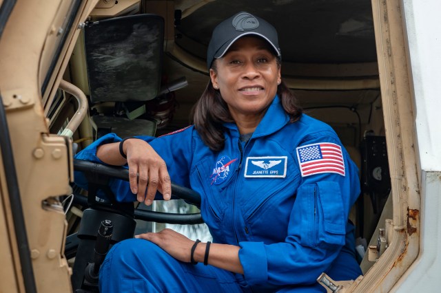 NASA's SpaceX Crew-8 Mission Specialist Jeanette Epps poses for a photo inside an emergency egress vehicle at NASA's Kennedy Space Center's Launch Pad 39A in Florida. Crews would use the emergency egress vehicle to quickly leave the launch area in case of an emergency.