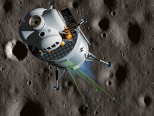 Artist’s concept of a lander descending to the lunar surface with assistance from NDL and its predicted dispersion ellipse. Credits: NASA/LaRC