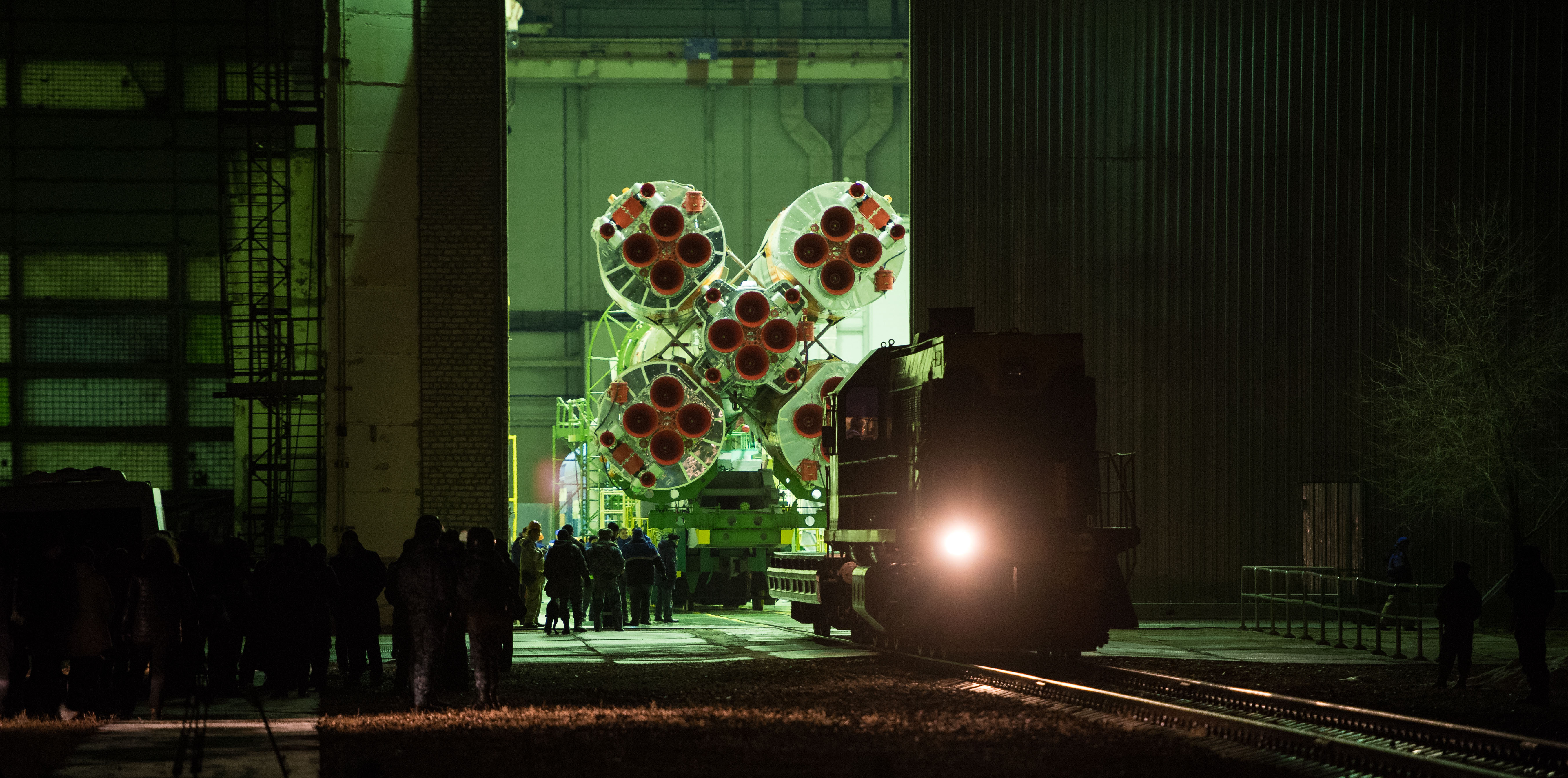 The Soyuz rocket is seen inside Building 112 prior to being rolled out by train to the launch pad, Monday, March 19, 2018 at the Baikonur Cosmodrome in Kazakhstan. Expedition 55 crewmembers Ricky Arnold and Drew Feustel of NASA and Oleg Artemyev of Roscosmos are scheduled to launch at 1:44 p.m. Eastern time (11:44 p.m. Baikonur time) on March 21 and will spend the next five months living and working aboard the International Space Station.