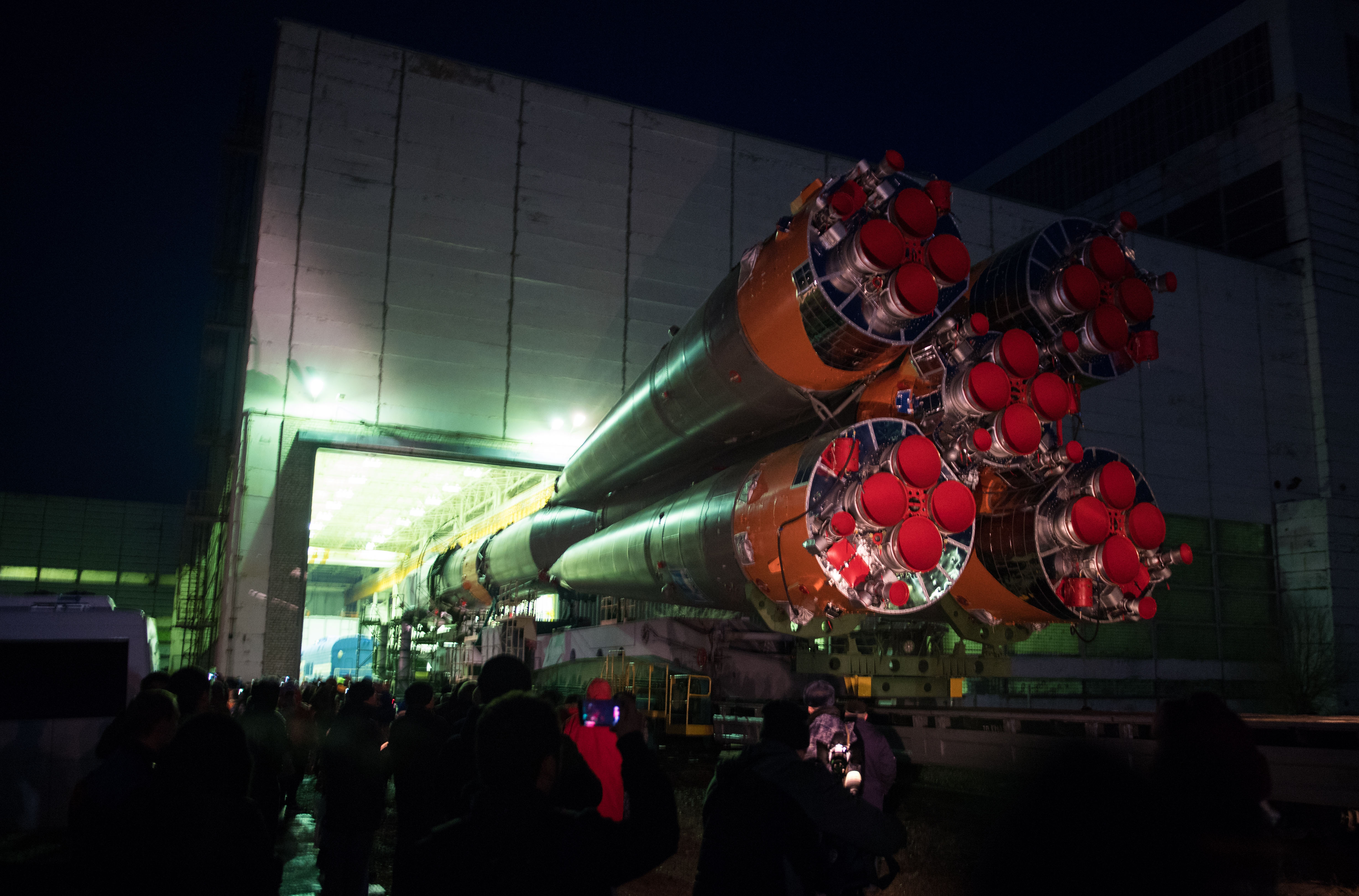 The Soyuz rocket is rolled out by train to the launch pad, Monday, March 19, 2018 at the Baikonur Cosmodrome in Kazakhstan. Expedition 55 crewmembers Ricky Arnold and Drew Feustel of NASA and Oleg Artemyev of Roscosmos are scheduled to launch at 1:44 p.m. Eastern time (11:44 p.m. Baikonur time) on March 21 and will spend the next five months living and working aboard the International Space Station.