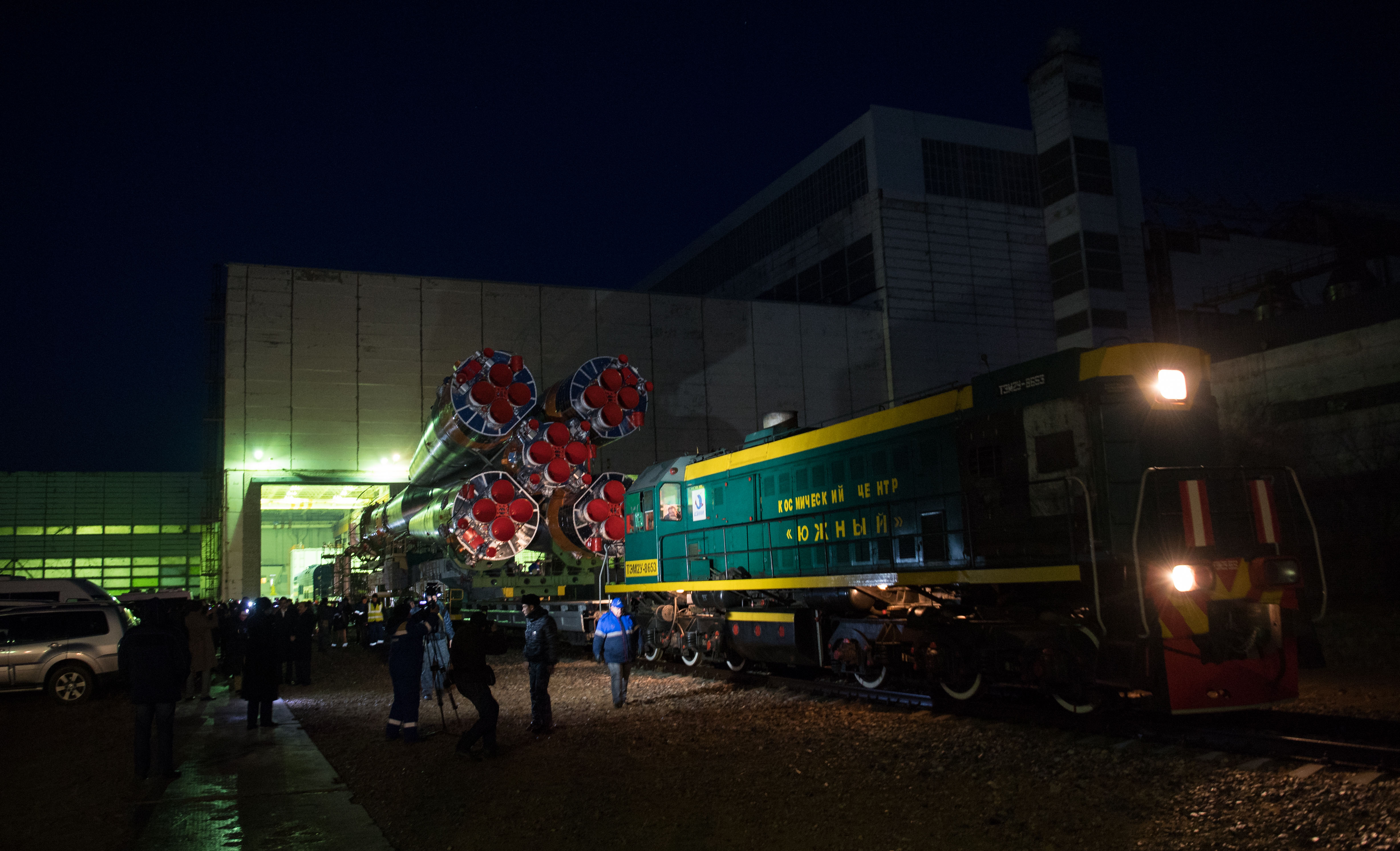 The Soyuz rocket is rolled out by train to the launch pad, Monday, March 19, 2018 at the Baikonur Cosmodrome in Kazakhstan. Expedition 55 crewmembers Ricky Arnold and Drew Feustel of NASA and Oleg Artemyev of Roscosmos are scheduled to launch at 1:44 p.m. Eastern time (11:44 p.m. Baikonur time) on March 21 and will spend the next five months living and working aboard the International Space Station.