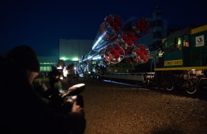 The Soyuz rocket is rolled out by train to the launch pad, Monday, March 19, 2018 at the Baikonur Cosmodrome in Kazakhstan. Expedition 55 crewmembers Ricky Arnold and Drew Feustel of NASA and Oleg Artemyev of Roscosmos are scheduled to launch at 1:44 p.m. Eastern time (11:44 p.m. Baikonur time) on March 21 and will spend the next five months living and working aboard the International Space Station.
