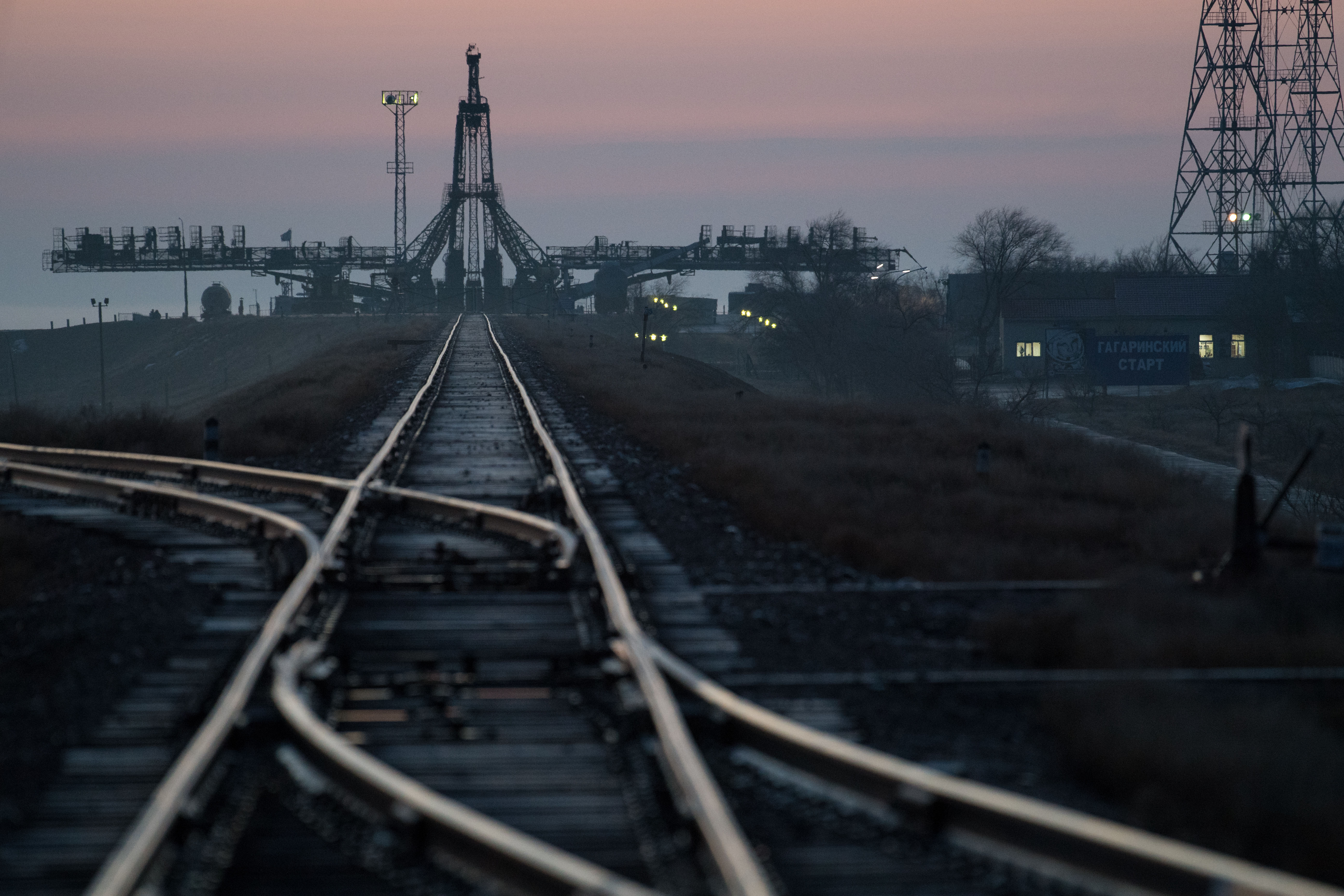 The launch pad is seen just before sunrise, Monday, March 19, 2018 at the Baikonur Cosmodrome in Kazakhstan. Expedition 55 crewmembers Ricky Arnold and Drew Feustel of NASA and Oleg Artemyev of Roscosmos are scheduled to launch at 1:44 p.m. Eastern time (11:44 p.m. Baikonur time) on March 21 and will spend the next five months living and working aboard the International Space Station.