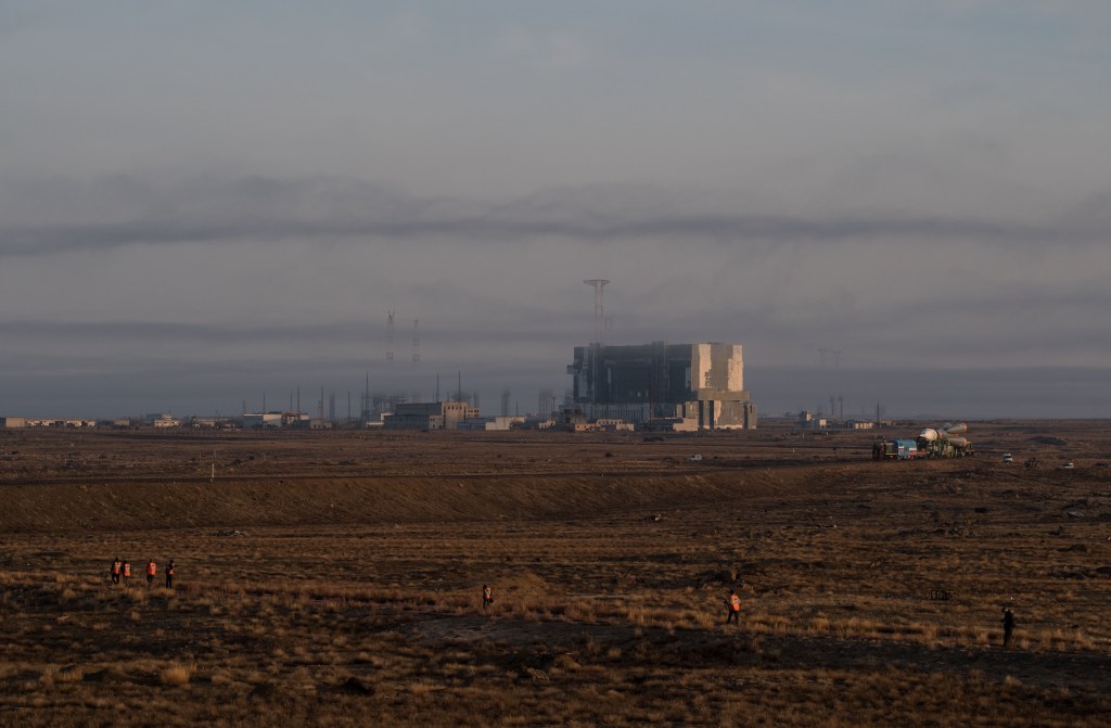 The Soyuz rocket is rolled out by train to the launch pad, Monday, March 19, 2018 at the Baikonur Cosmodrome in Kazakhstan. Expedition 55 crewmembers Ricky Arnold and Drew Feustel of NASA and Oleg Artemyev of Roscosmos are scheduled to launch at 1:44 p.m. Eastern time (11:44 p.m. Baikonur time) on March 21 and will spend the next five months living and working aboard the International Space Station.