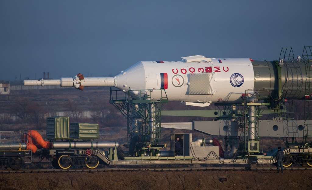 The Soyuz rocket is rolled out by train to the launch pad, Monday, March 19, 2018 at the Baikonur Cosmodrome in Kazakhstan. Expedition 55 crewmembers Ricky Arnold and Drew Feustel of NASA and Oleg Artemyev of Roscosmos are scheduled to launch at 1:44 p.m. Eastern time (11:44 p.m. Baikonur time) on March 21 and will spend the next five months living and working aboard the International Space Station.