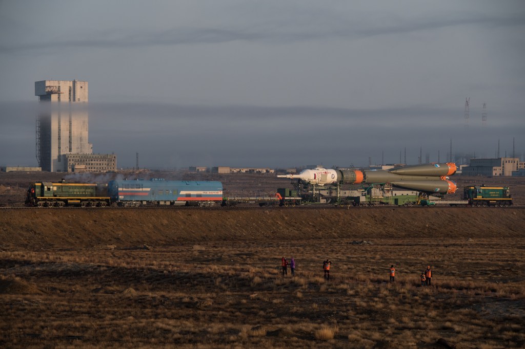 The Soyuz rocket is rolled out by train to the launch pad, Monday, March 19, 2018 at the Baikonur Cosmodrome in Kazakhstan. Expedition 55 crewmembers Ricky Arnold and Drew Feustel of NASA and Oleg Artemyev of Roscosmos are scheduled to launch at 1:44 p.m. Eastern time (11:44 p.m. Baikonur time) on March 21 and will spend the next five months living and working aboard the International Space Station.
