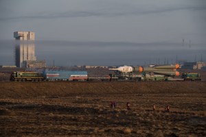 The Soyuz rocket is rolled out by train to the launch pad, Monday, March 19, 2018 at the Baikonur Cosmodrome in Kazakhstan. Expedition 55 crewmembers Ricky Arnold and Drew Feustel of NASA and Oleg Artemyev of Roscosmos are scheduled to launch at 1:44 p.m. Eastern time (11:44 p.m. Baikonur time) on March 21 and will spend the next five months living and working aboard the International Space Station.