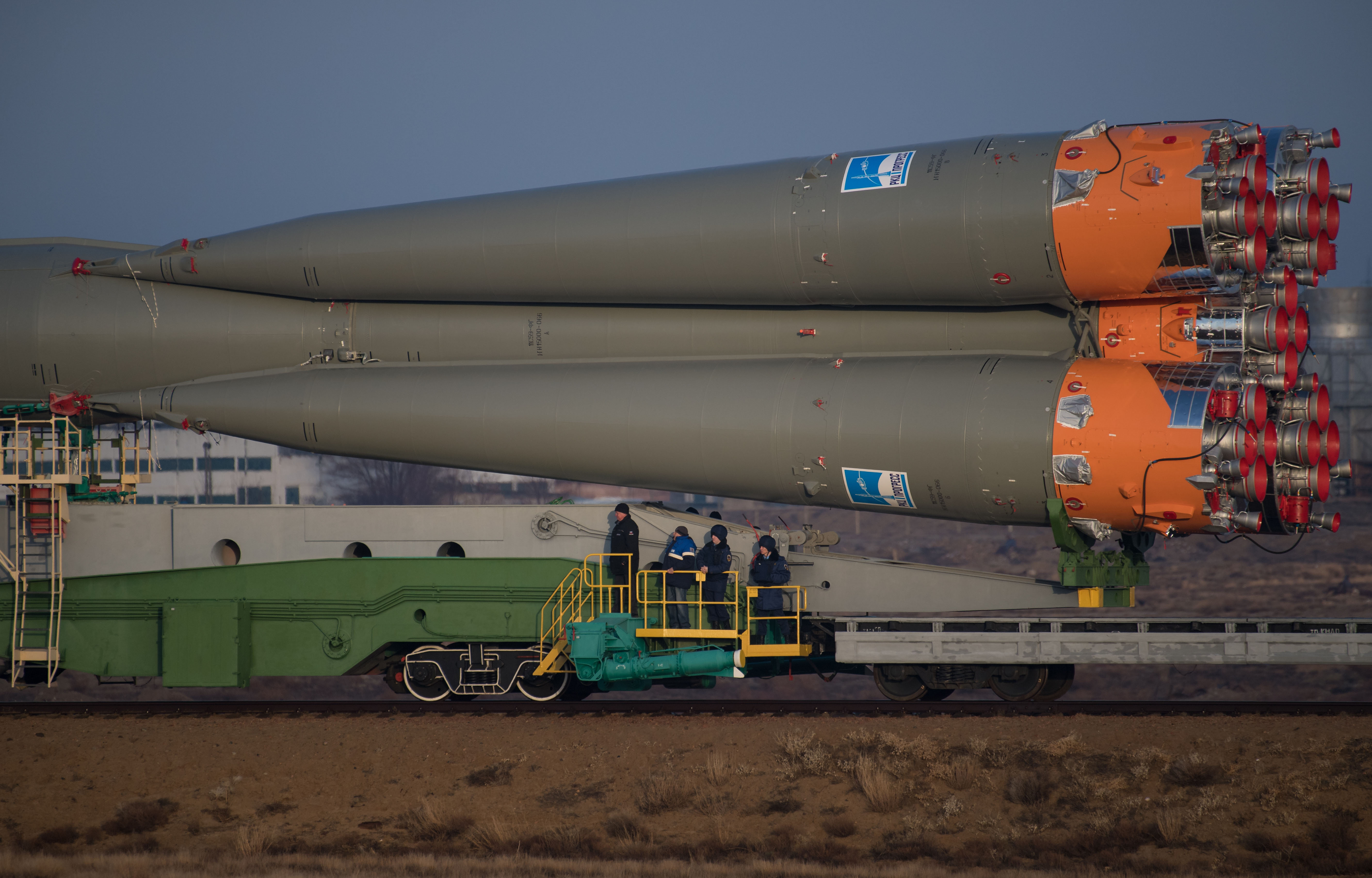 The Soyuz rocket is rolled out by train to the launch pad, Monday, March 19, 2018 at the Baikonur Cosmodrome in Kazakhstan. Expedition 55 crewmembers Ricky Arnold and Drew Feustel of NASA and Oleg Artemyev of Roscosmos are scheduled to launch at 1:44 p.m. Eastern time (11:44 p.m. Baikonur time) on March 21 and will spend the next five months living and working aboard the International Space Station.