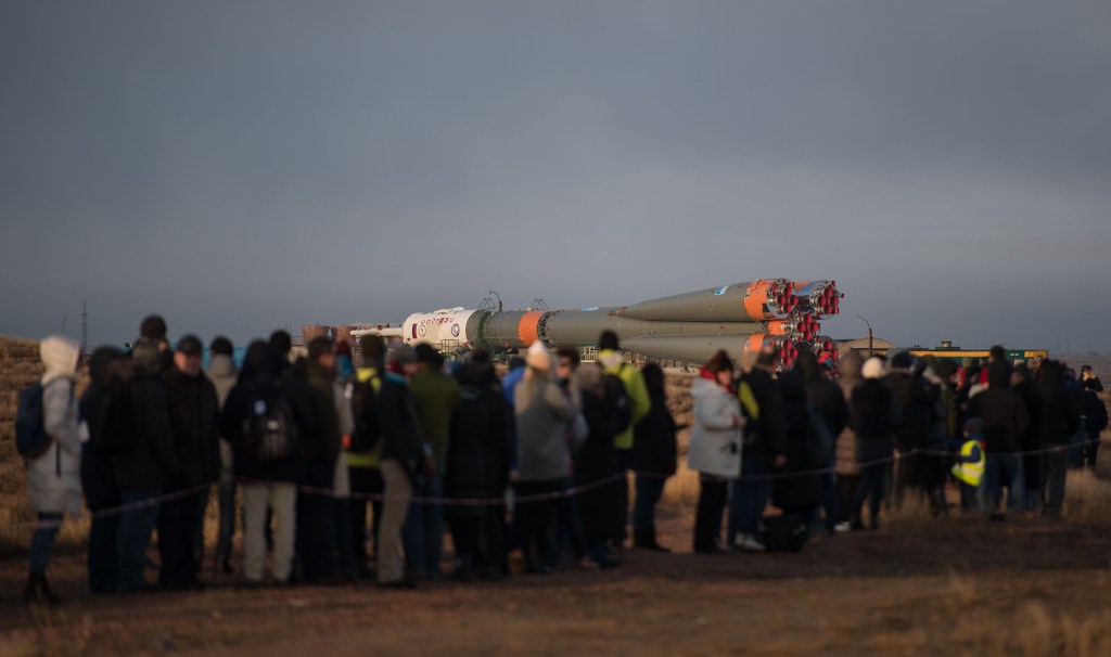 The Soyuz rocket is rolled out by train to the launch pad, Monday, March 19, 2018 at the Baikonur Cosmodrome in Kazakhstan. Expedition 55 crewmembers Ricky Arnold and Drew Feustel of NASA and Oleg Artemyev of Roscosmos are scheduled to launch at 1:44 p.m. Eastern time (11:44 p.m. Baikonur time) on March 21 and will spend the next five months living and working aboard the International Space Station.