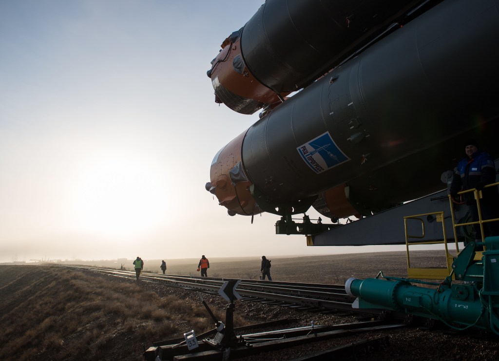 The Soyuz rocket is rolled out by train to the launch pad, Monday, March 19, 2018 at the Baikonur Cosmodrome in Kazakhstan. Expedition 55 crewmembers Ricky Arnold and Drew Feustel of NASA and Oleg Artemyev of Roscosmos are scheduled to launch at 1:44 p.m. Eastern time (11:44 p.m. Baikonur time) on March 21 and will spend the next five months living and working aboard the International Space Station.